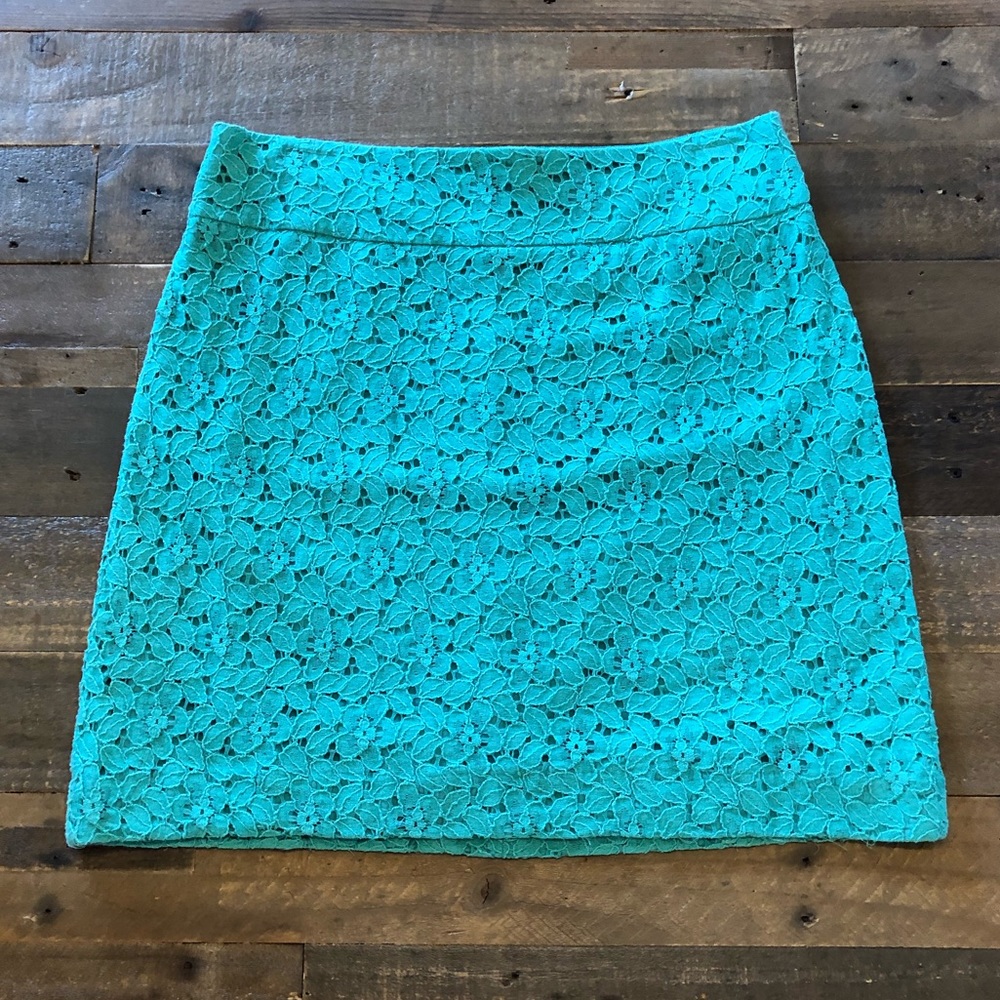 Teal green lace LOFT mini skirt